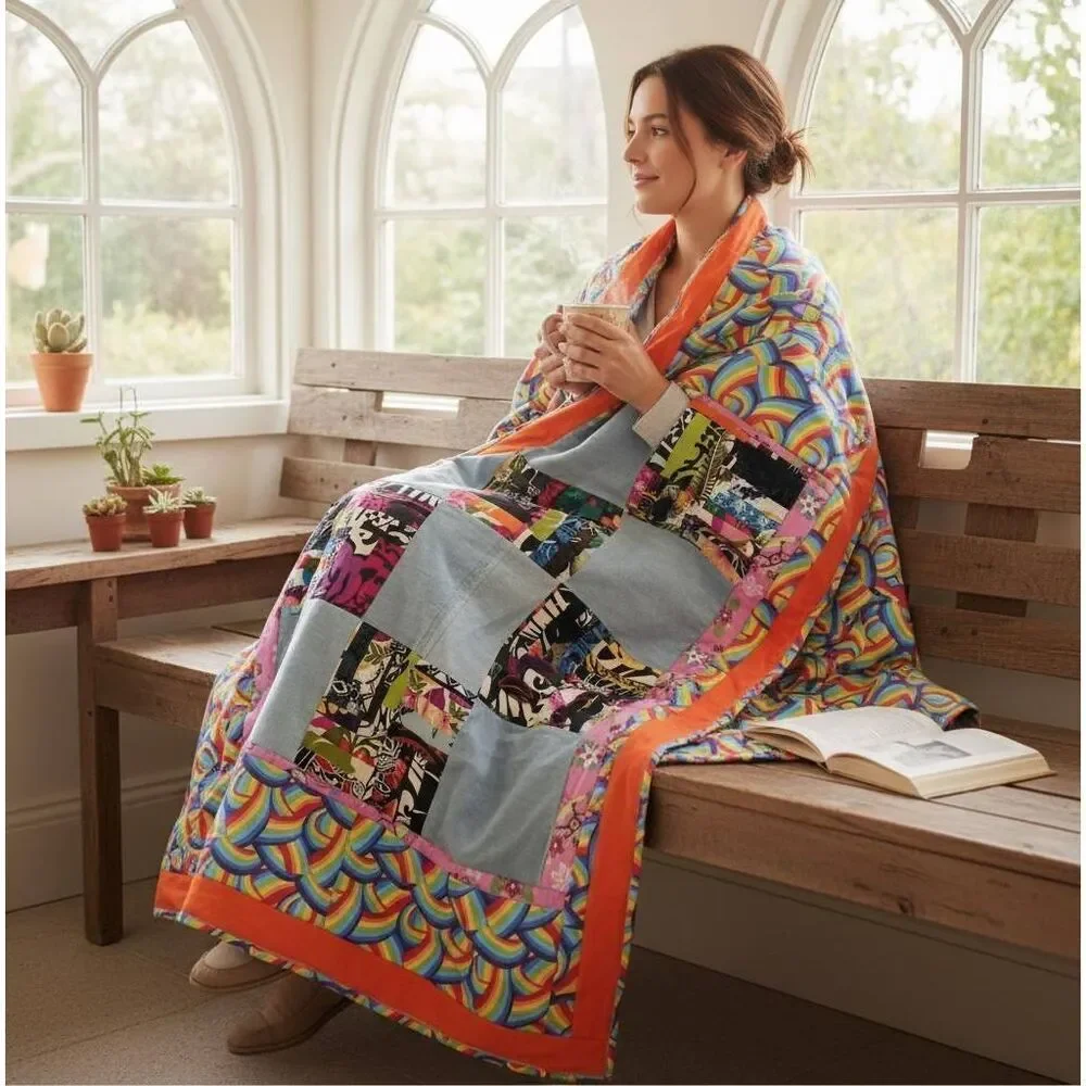Denim patchwork quilted throw